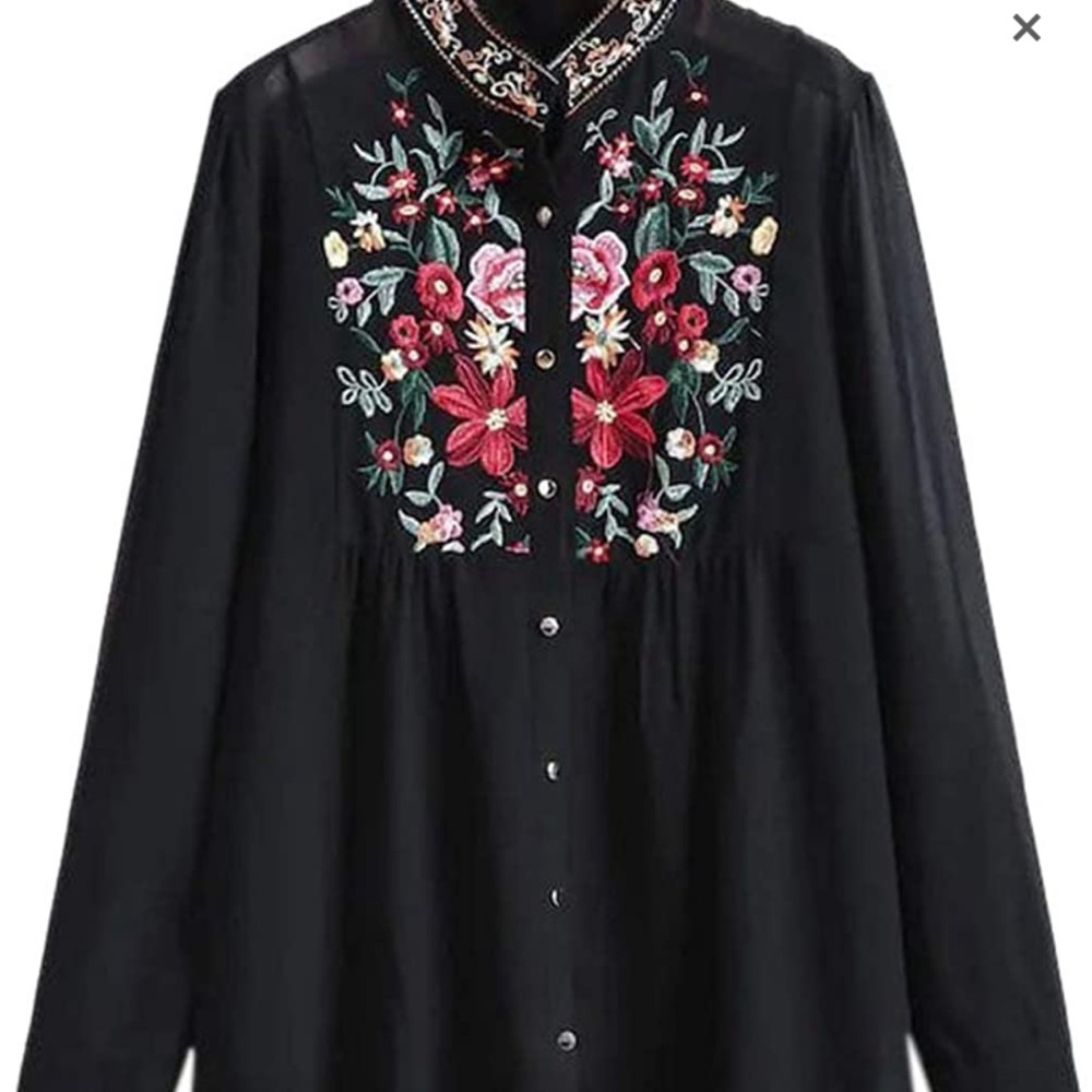 Chiffon Embroidered Floral Button Down Blouse